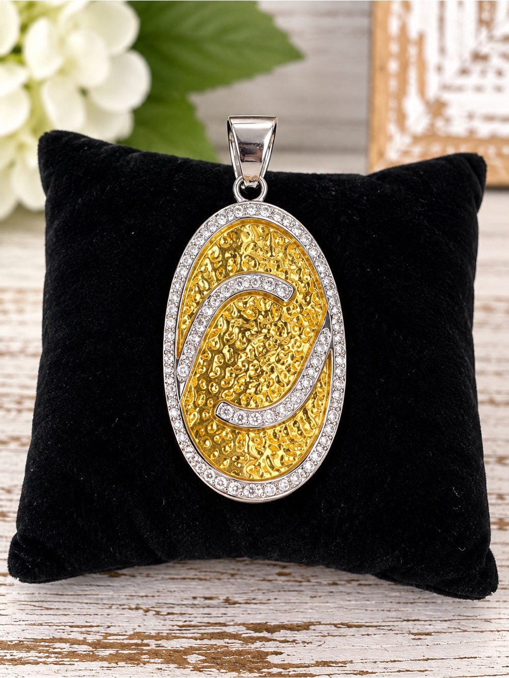 Nadri Hammered Gold Tone Crystal Oval Statement Pendant